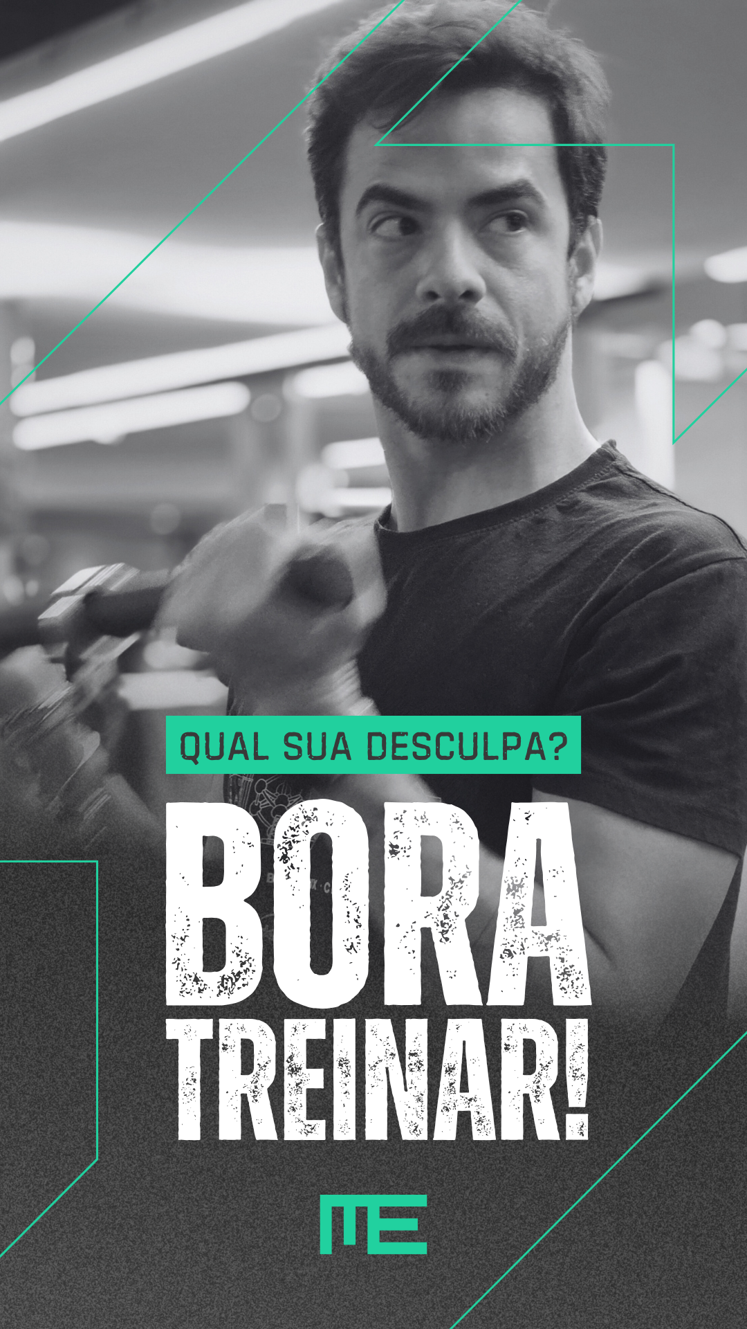 A social media post with Momento Erolles' branding. It says 'What's your excuse? Let's Train!' in Brazilian Portuguese.