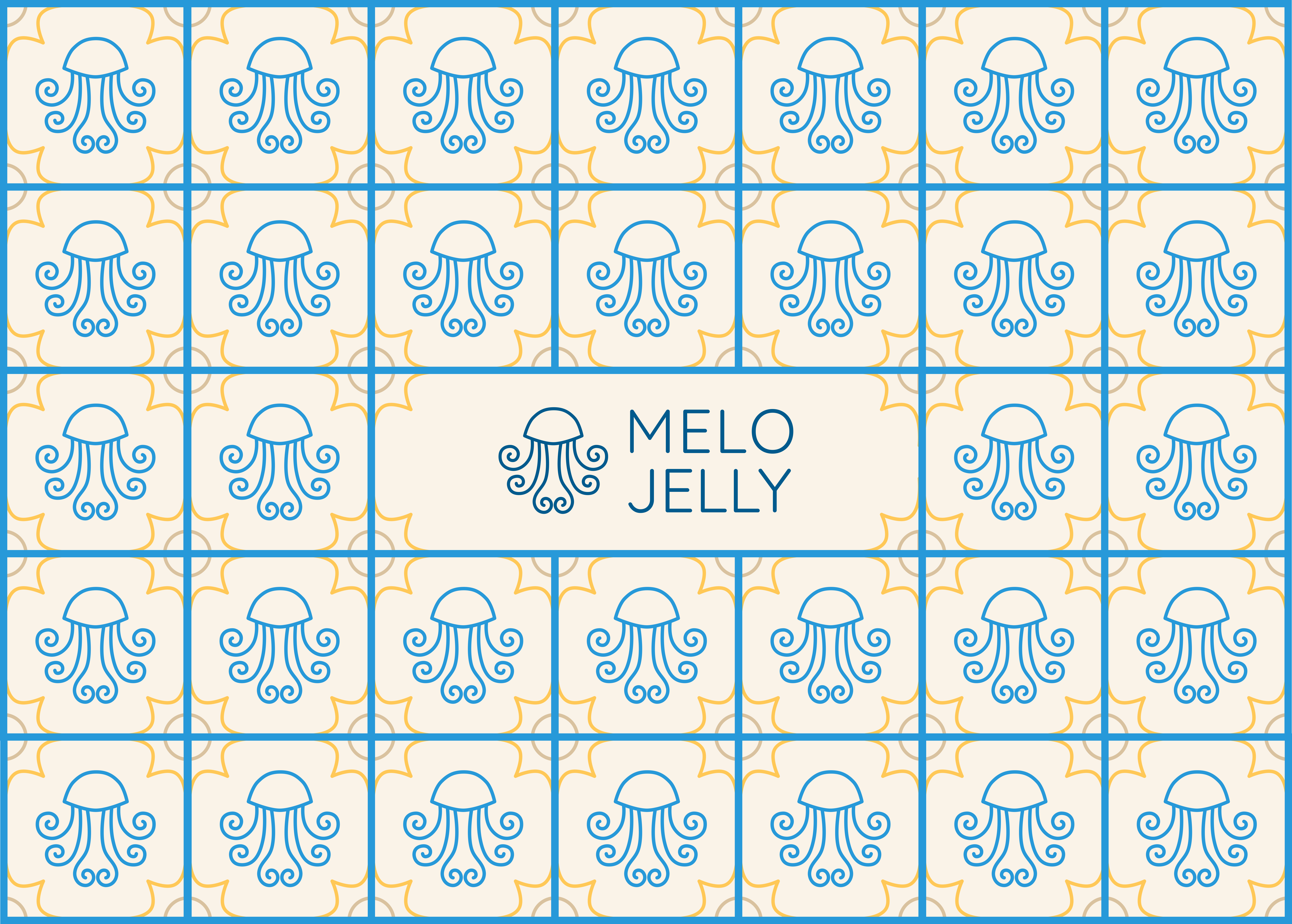 A variation of the secondary image of MeloJelly, in which the logo is repeated several times in a tile-like pattern, with the brand's name in the middle.